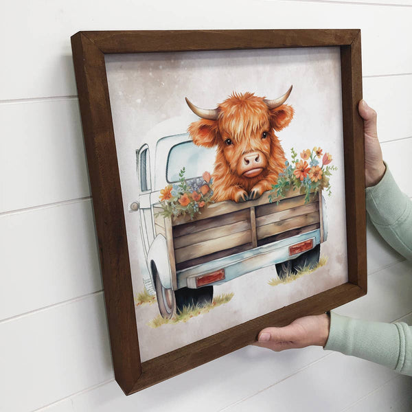 Hangout Home - Highland Cow and Flowers in Truck - Cute Farm Animal Art: 6x6" Mini Canvas Art with Wood Box Frame