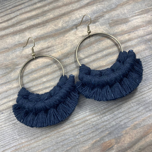 HK Macrame Jewelry - Large Statement Fringe Earrings - Black & Bronze