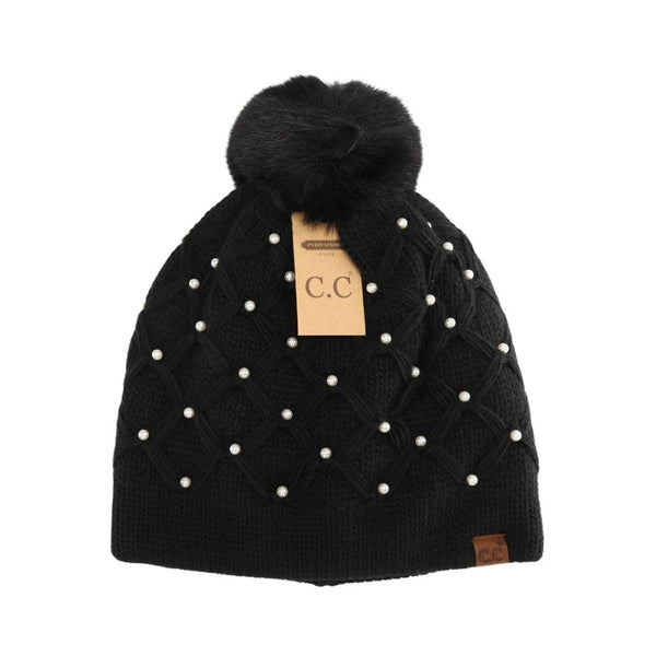 C.C Beanie - Allover Pearl Crochet C.C Faux Fur Pom Beanie HTE0128