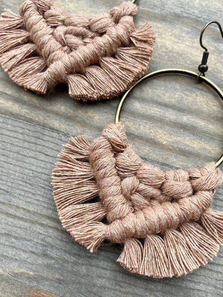 HK Macrame Jewelry - Large Square Knot Earrings - Mocha & Bronze