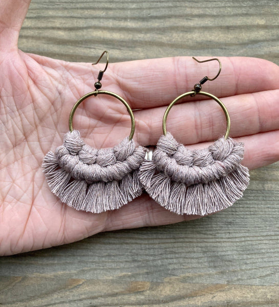 HK Macrame Jewelry - Small Round Fringe Earrings - Dusty Mauve & Bronze