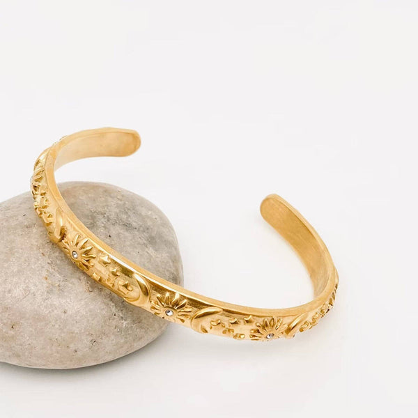Mio Queena - 18K Gold Plated Stainless Steel Star Moon Sun Cuff - FGS/MS