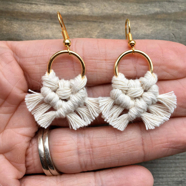HK Macrame Jewelry - Micro Fringe Round Earrings - Natural & Gold