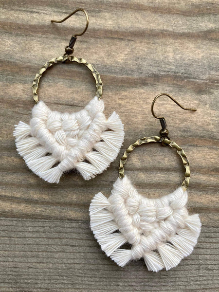 HK Macrame Jewelry - Small Square Knot Fringe Earrings - Natural & Bronze