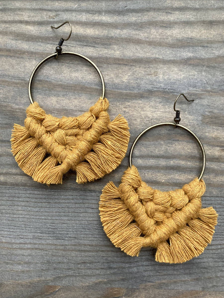 HK Macrame Jewelry - Large Fringe Earrings - Mustard & Bronze