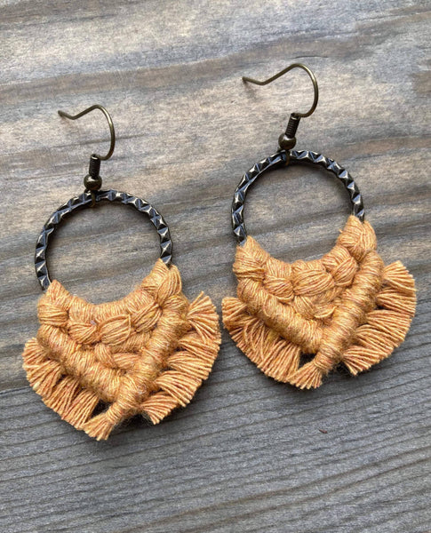 HK Macrame Jewelry - Small Square Fringe Earrings - Marigold & Bronze