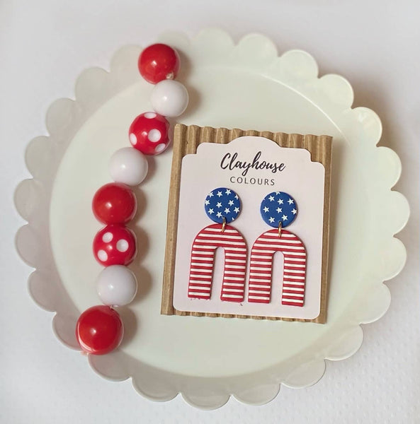 Clayhouse Colours - Red, White & Blue Clay Earrings | July 4th: Hearts