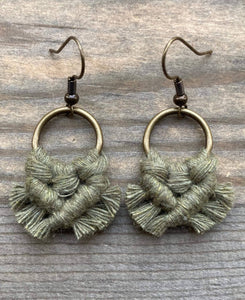 HK Macrame Jewelry - Micro Fringe Round Earrings - Avocado Green & Bronze