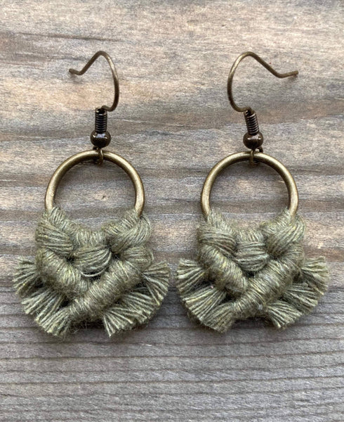 HK Macrame Jewelry - Micro Fringe Round Earrings - Avocado Green & Bronze