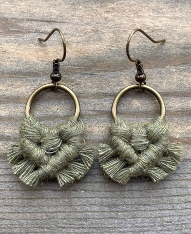 HK Macrame Jewelry - Micro Fringe Round Earrings - Avocado Green & Bronze