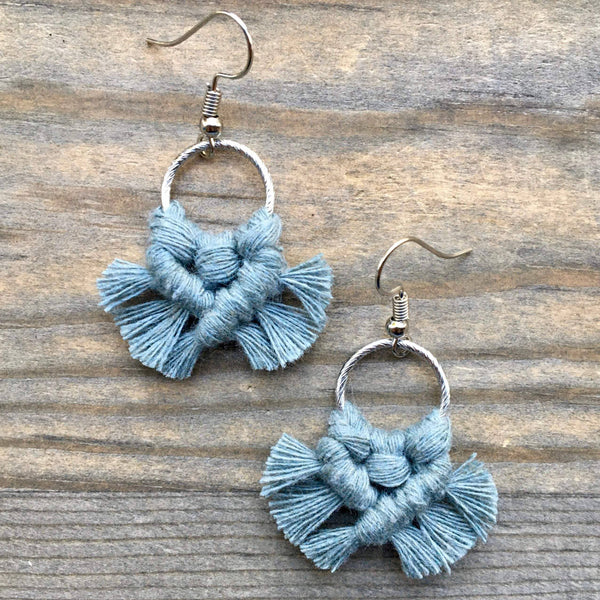 HK Macrame Jewelry - Micro Fringe Round Earrings - Laurel Green & Silver