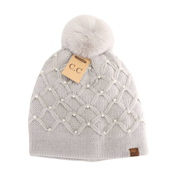 C.C Beanie - Allover Pearl Crochet C.C Faux Fur Pom Beanie HTE0128