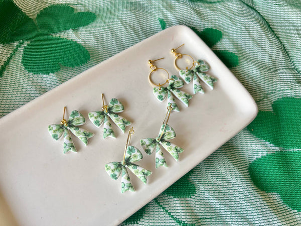 SeizeTheClayJewelry - Clover Bow Earrings, Shamrock Bow Earrings, Lucky Bow