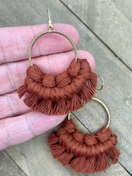HK Macrame Jewelry - Small Round Fringe Earrings - Burnt Orange & Gold