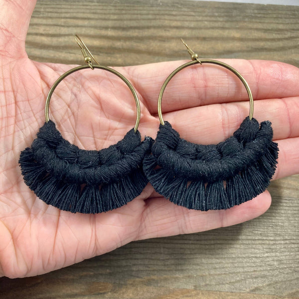 HK Macrame Jewelry - Large Statement Fringe Earrings - Black & Bronze
