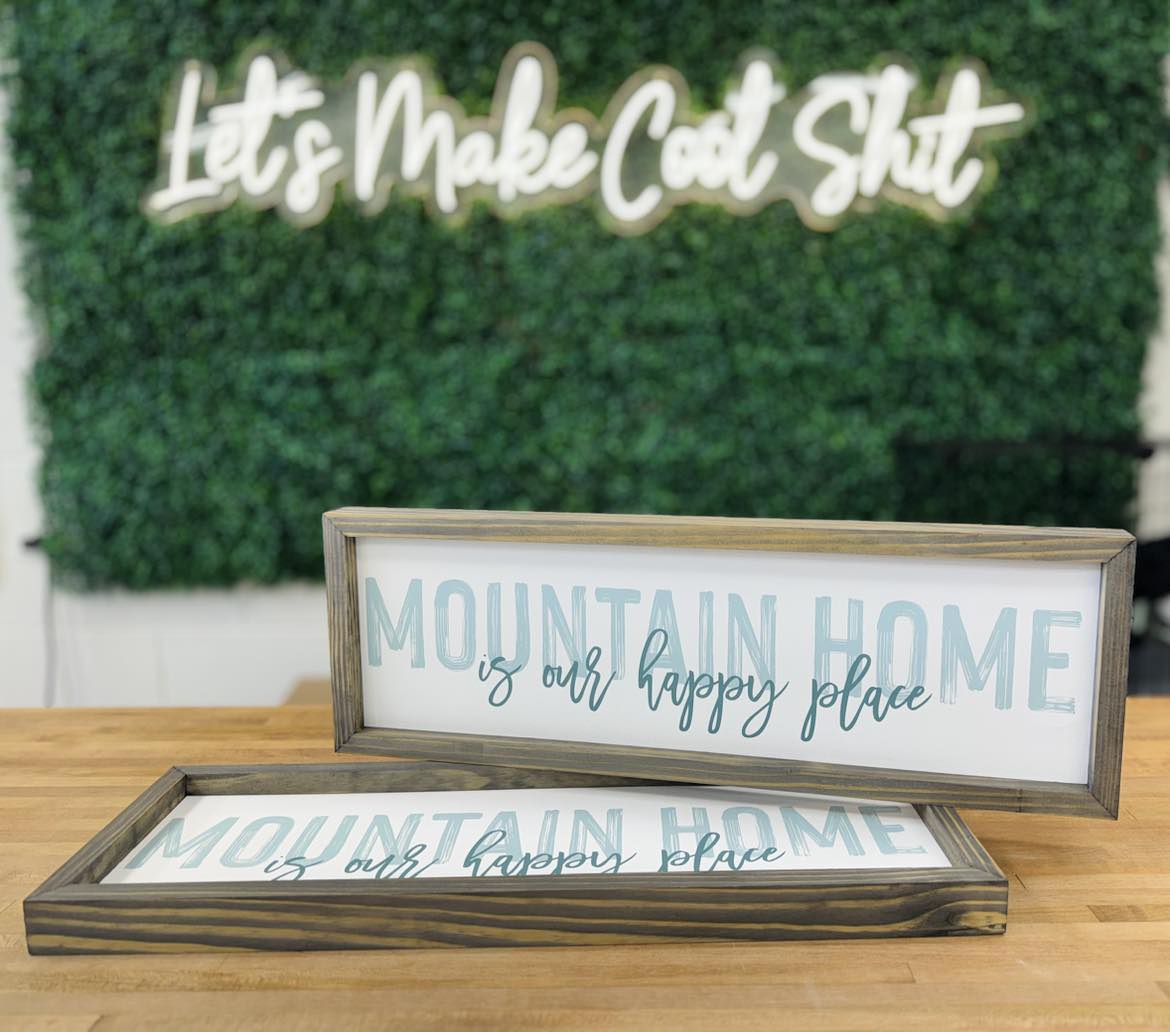 Hangout Home - Mountain Home - Happy Place Word Sign - Frame Art: 8x24" Long Canvas Art with Thick Wood Frame