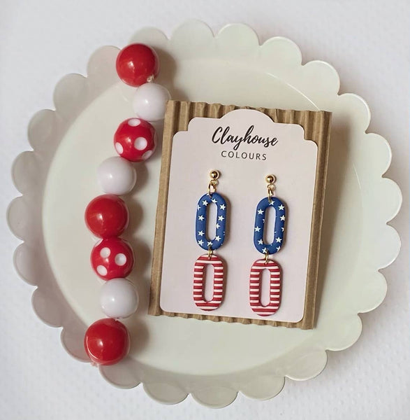 Clayhouse Colours - Red, White & Blue Clay Earrings | July 4th: Hearts