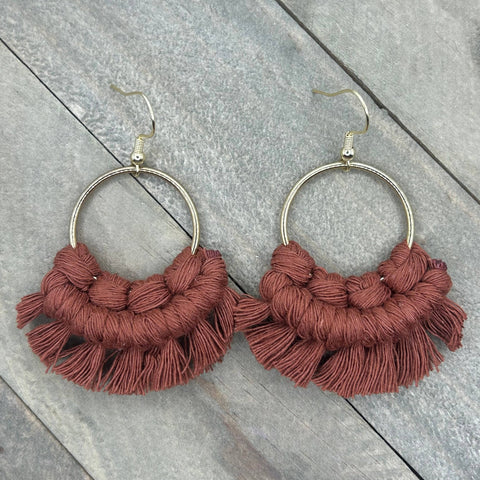 HK Macrame Jewelry - Small Round Fringe Earrings - Burnt Orange & Gold