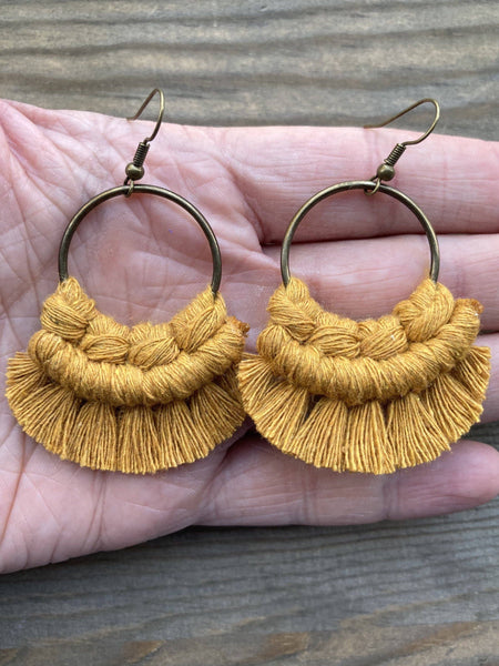 HK Macrame Jewelry - Small Round Fringe Earrings - Mustard & Bronze