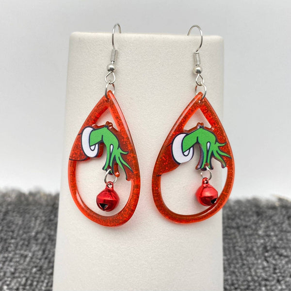 Mio Queena - Christmas Acrylic Grinch Holding Bell Red Drop Dangle Earrings