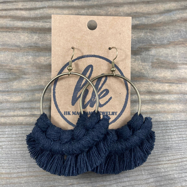 HK Macrame Jewelry - Large Statement Fringe Earrings - Black & Bronze