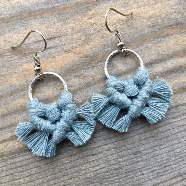 HK Macrame Jewelry - Micro Fringe Round Earrings - Laurel Green & Silver