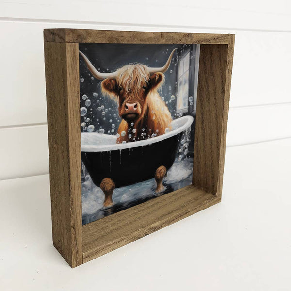 Hangout Home - Highland Cow in Black Tub - Wood Framed Canvas Art - Animal: 6x6" Mini Canvas Art with Wood Box Frame