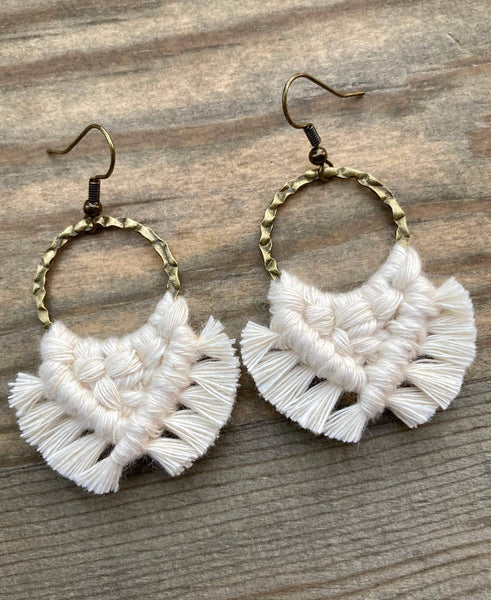 HK Macrame Jewelry - Small Square Knot Fringe Earrings - Natural & Bronze