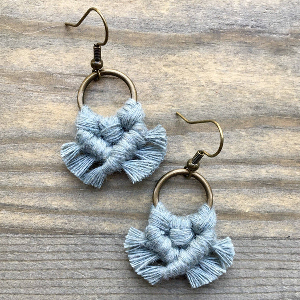 HK Macrame Jewelry - Micro Fringe Round Earrings - Laurel Green & Bronze