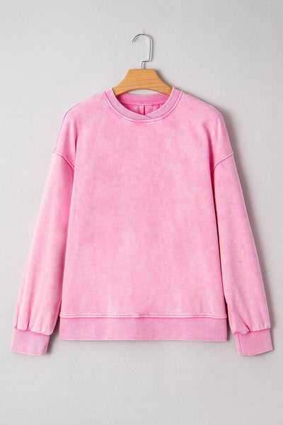 Lovesoft - Bright Pink Mineral Wash Crossed Crew Neck Drop Shoulder Loose Sweatshirt
