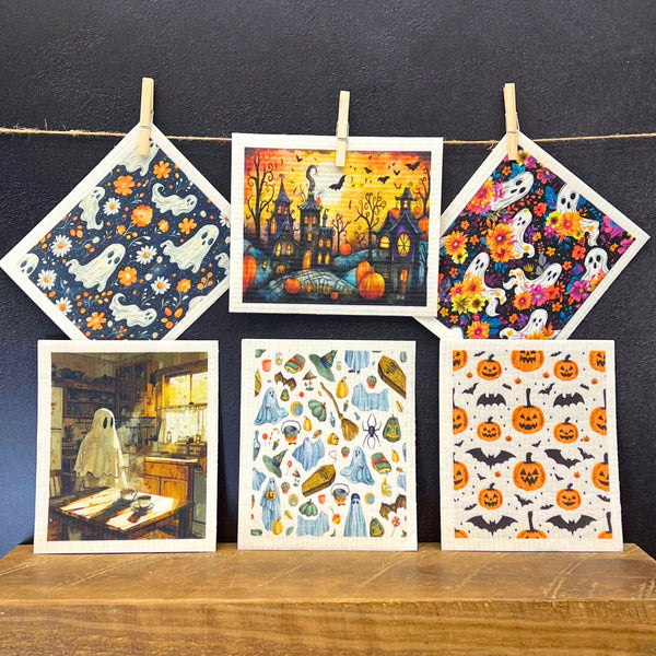 Driftless Studios - Pumpkins & Bats Halloween Swedish Dishcloth - Fall Decor
