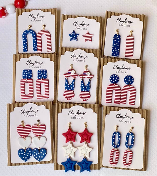 Clayhouse Colours - Red, White & Blue Clay Earrings | July 4th: Hearts