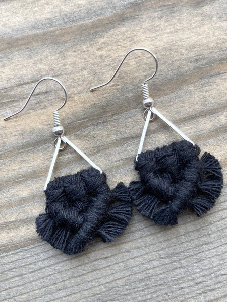 HK Macrame Jewelry - Micro Triangle Fringe Earrings - Black & Silver