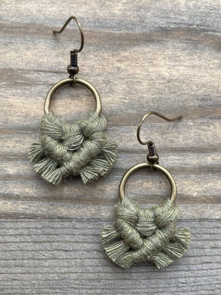 HK Macrame Jewelry - Micro Fringe Round Earrings - Avocado Green & Bronze