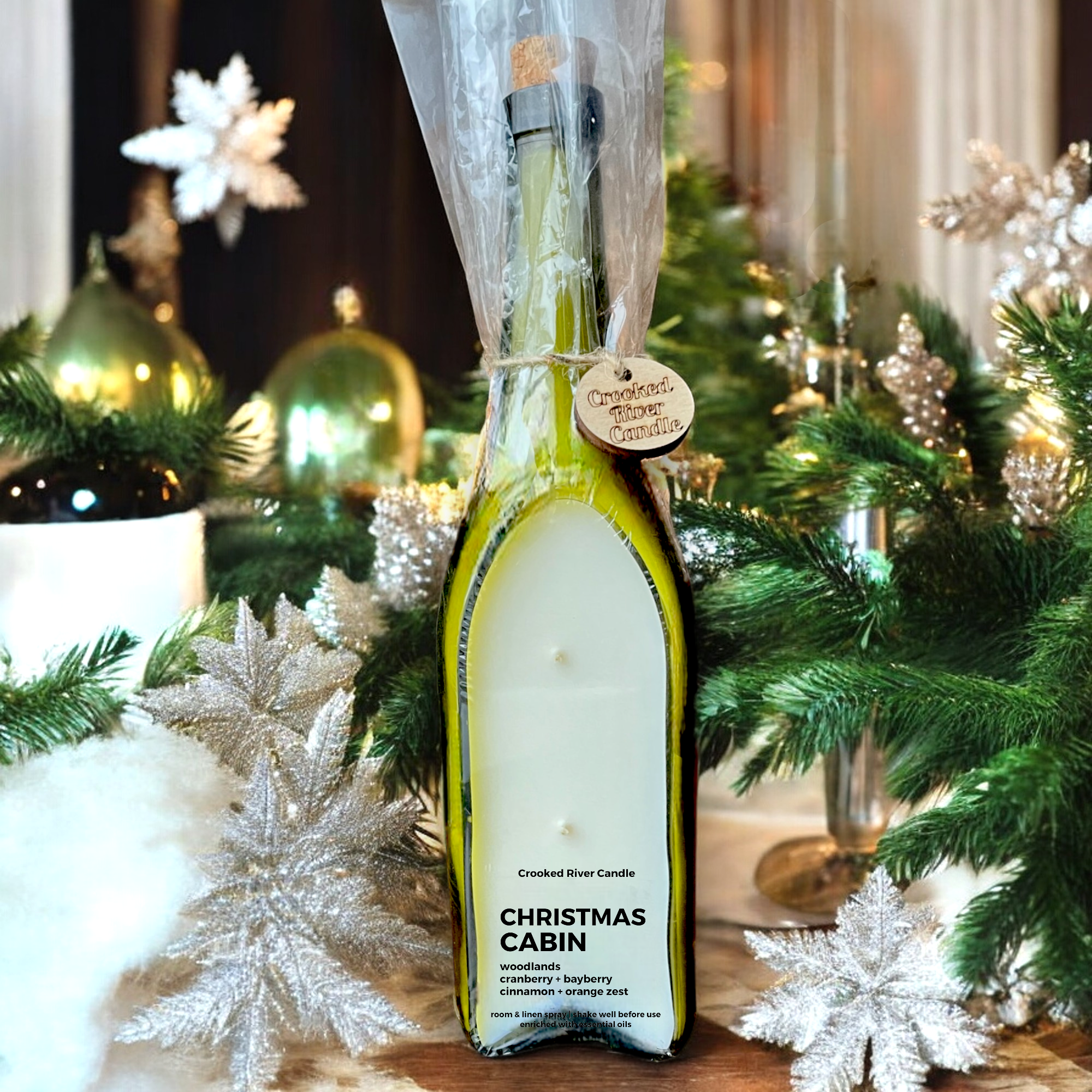 Crooked River Candle - Christmas Cabin | Holiday Wine Bottle Candle | 3 Cotton Wick