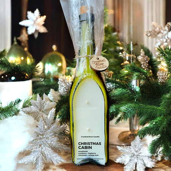 Crooked River Candle - Christmas Cabin | Holiday Wine Bottle Candle | 3 Cotton Wick
