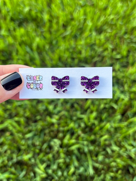 Laser & Color Designs LLC - Football Earrings, Football Bow Glitter Studs, Game Day 