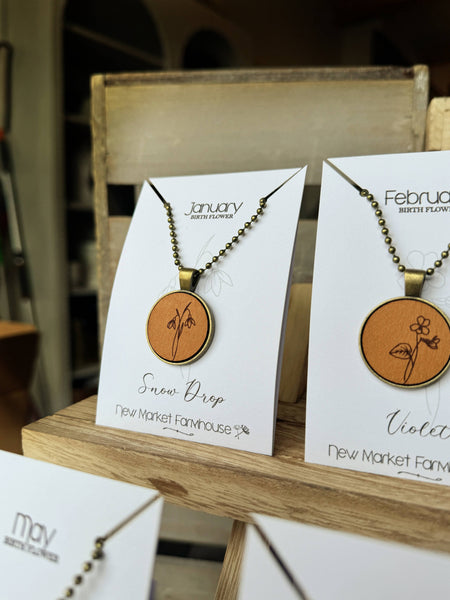 New Market Farmhouse - Birth Month Flower Necklaces - Leather Pendant Necklace Set