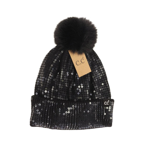 C.C Beanie - Allover Clear Sequin Faux Fur Pom C.C Beanie HTC0044