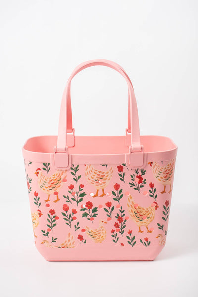American Farm Company - Pink Chickens & Blooms Rubber Beach Tote Bag -  Large