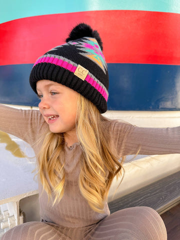 C.C Beanie - Kids' Southwestern C.C Beanie with Faux Fur Pom