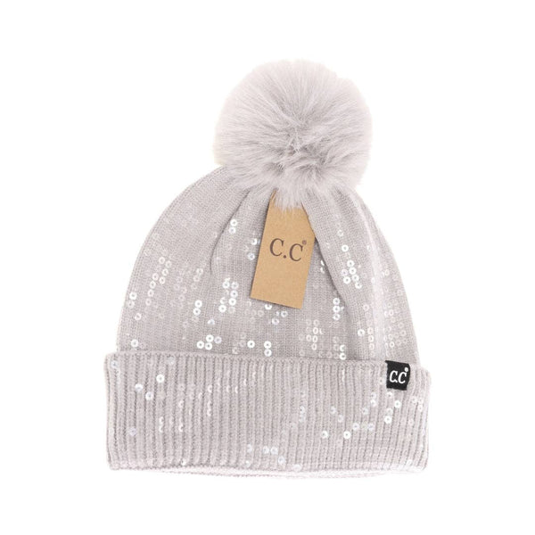 C.C Beanie - Allover Clear Sequin Faux Fur Pom C.C Beanie HTC0044