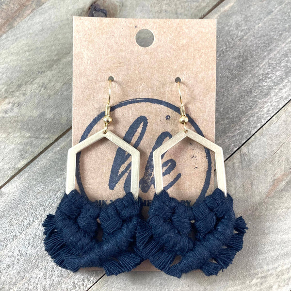HK Macrame Jewelry - Geometric Fringe Earrings - Black