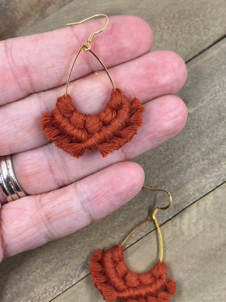 HK Macrame Jewelry - Small Teardrop Fringe Earrings - Cider Orange & Gold