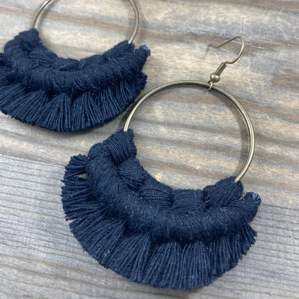 HK Macrame Jewelry - Large Statement Fringe Earrings - Black & Bronze