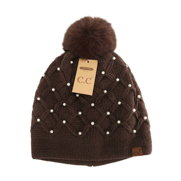 C.C Beanie - Allover Pearl Crochet C.C Faux Fur Pom Beanie HTE0128