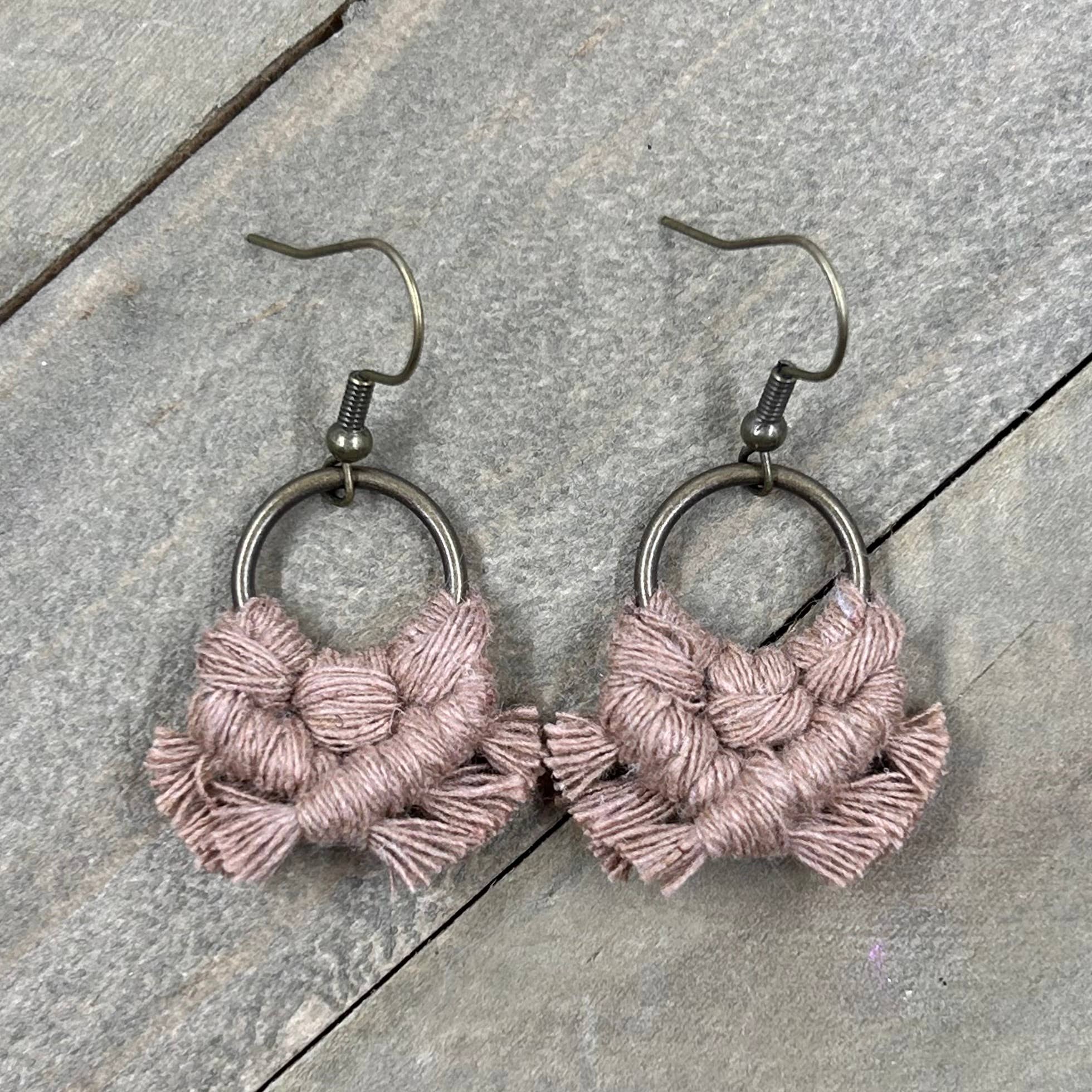 HK Macrame Jewelry - Micro Fringe Round Earrings - Mocha & Bronze