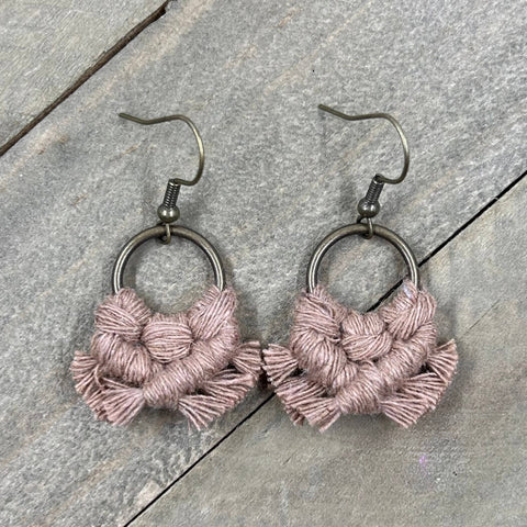 HK Macrame Jewelry - Micro Fringe Round Earrings - Mocha & Bronze