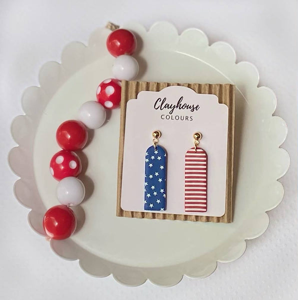 Clayhouse Colours - Red, White & Blue Clay Earrings | July 4th: Hearts