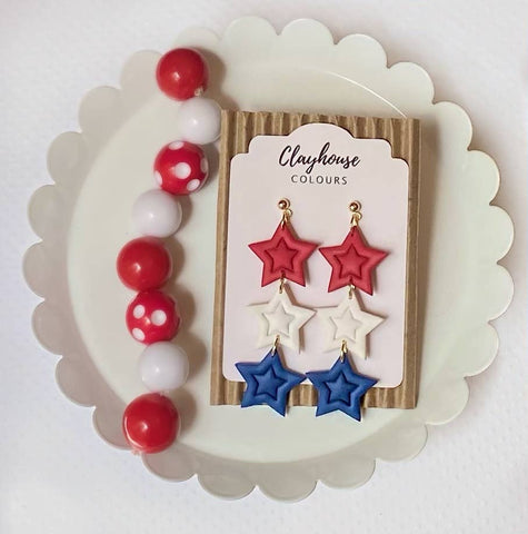 Clayhouse Colours - Red, White & Blue Clay Earrings | July 4th: Star Trio
